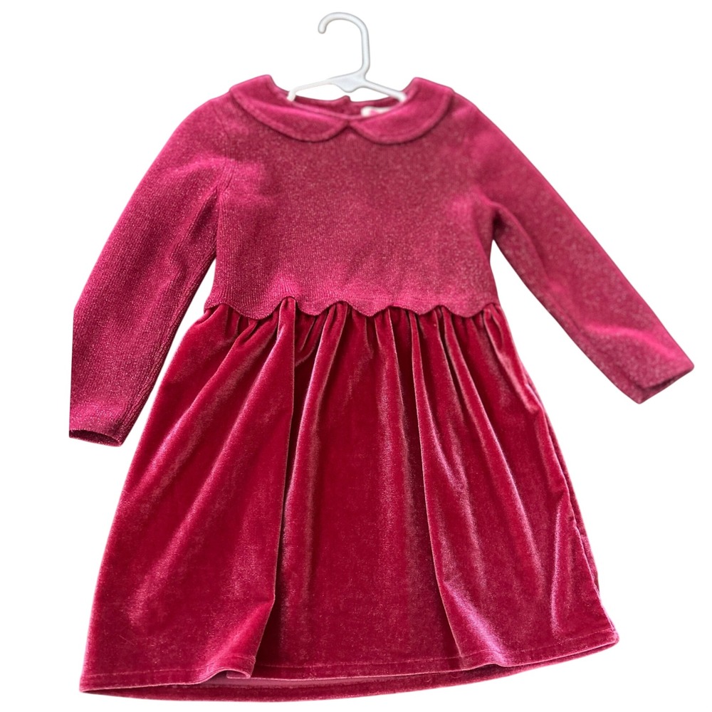 Girls Pink Velvet Sparkle Peter Pan Collar Holiday Party Dress Long Sleeve
